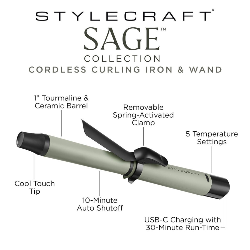 StyleCraft by Silver Bullet Sage Cordless Curling Iron with Detachable Clamp